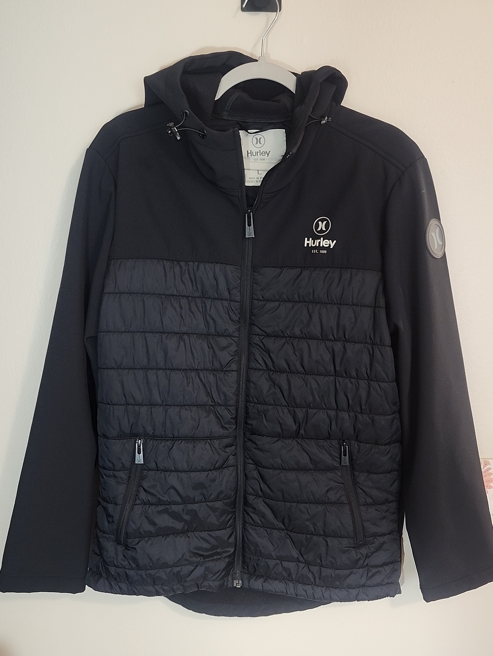 Hurley Puffer Hooded Jacket Mens L Black Softshell Fleece Lined Stretch Full Zip
